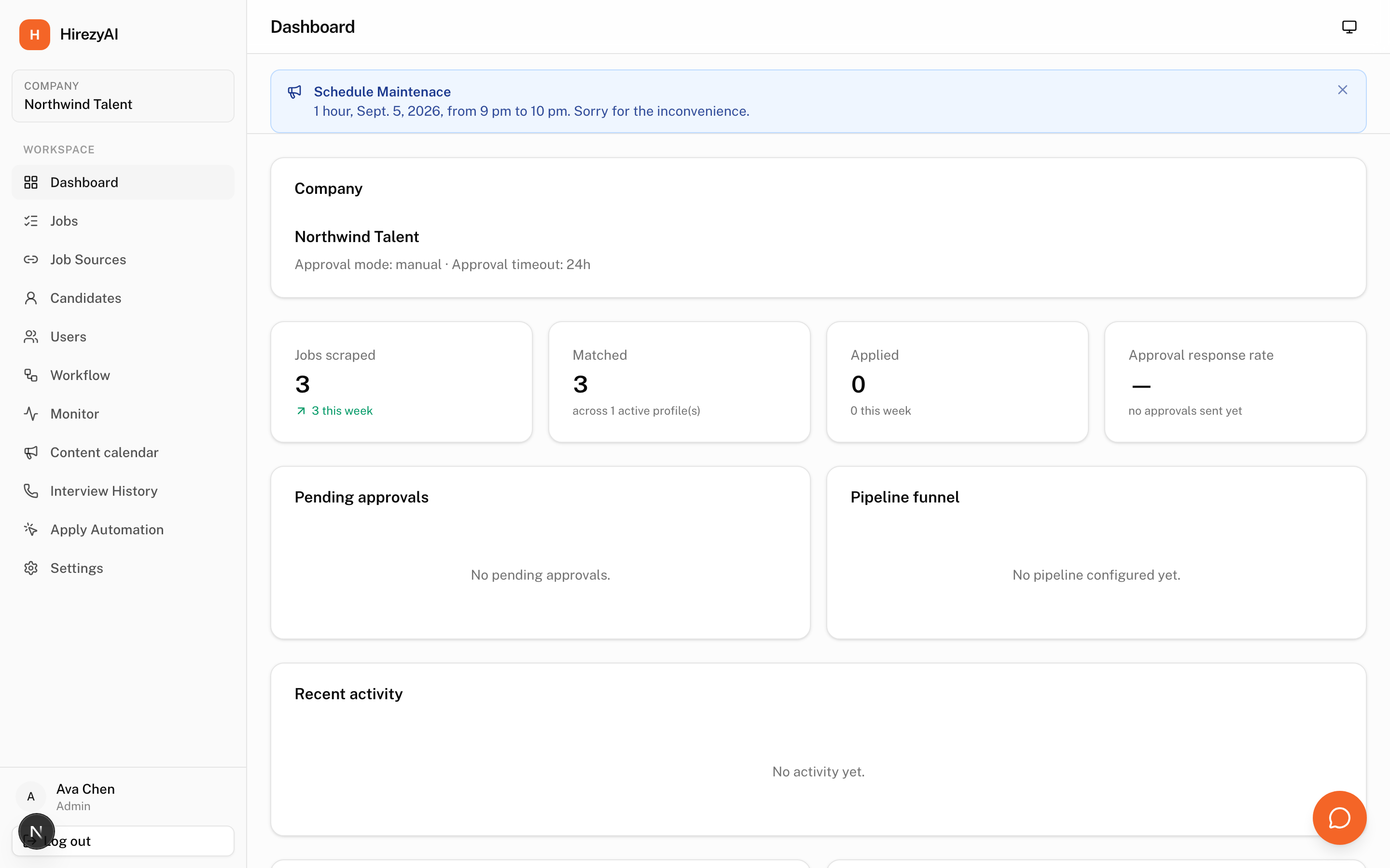 Dashboard with jobs scraped, matched count, and pipeline funnel